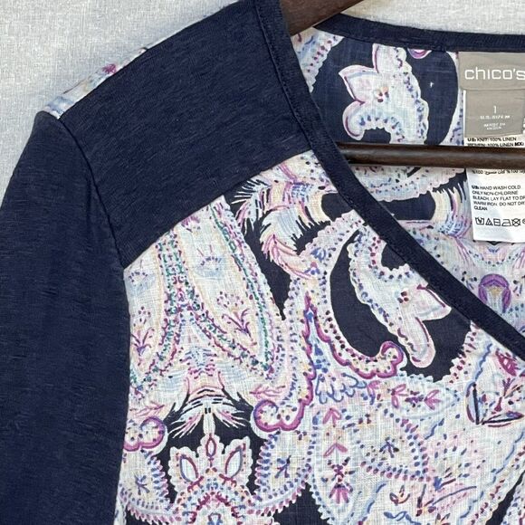 Chico's Shirt Women 1 (US M/8) Blue‎ Multicolor Print 3/4 Sleeve Linen C14 - Picture 3 of 12